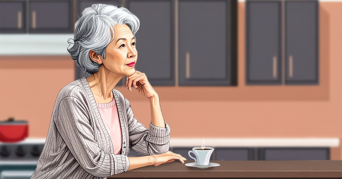 Woman sitting hand on her chin, pensive with a cup of coffee