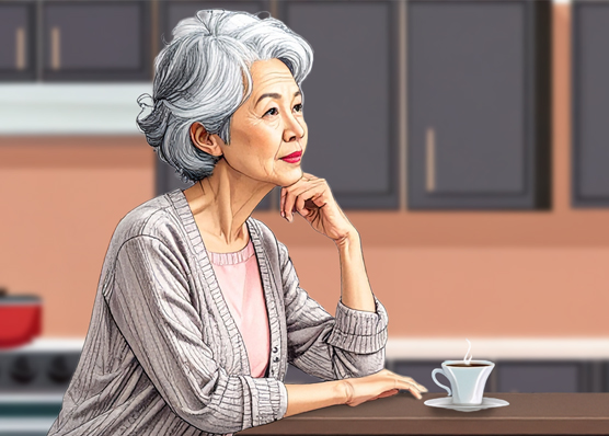 Woman sitting hand on her chin, pensive with a cup of coffee