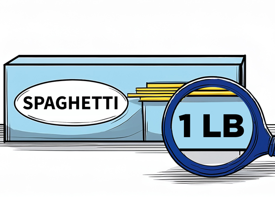 A handheld magnifier shows the size of the pasta box.