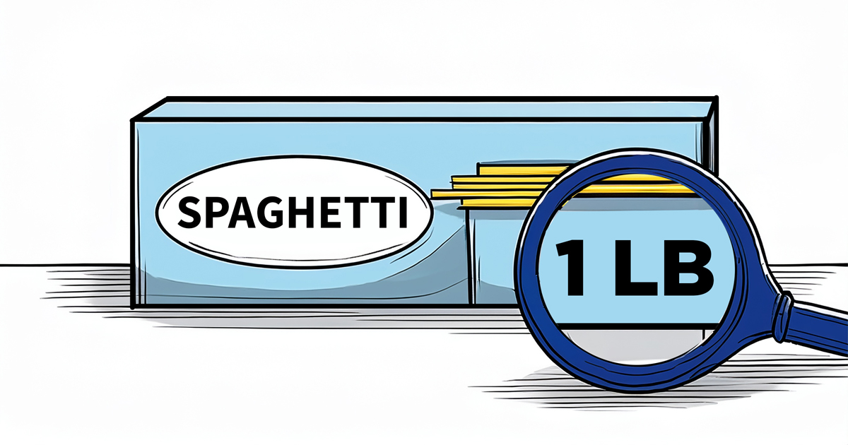 A handheld magnifier shows the size of the pasta box.
