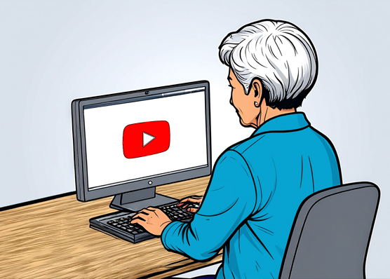 Woman in front of computer monitor with YouTube logo on the screen