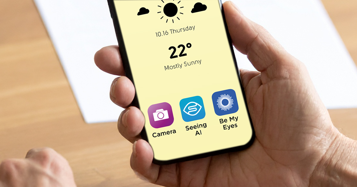 Smartphone featuring the camera app, Seeing AI, and Be My Eyes