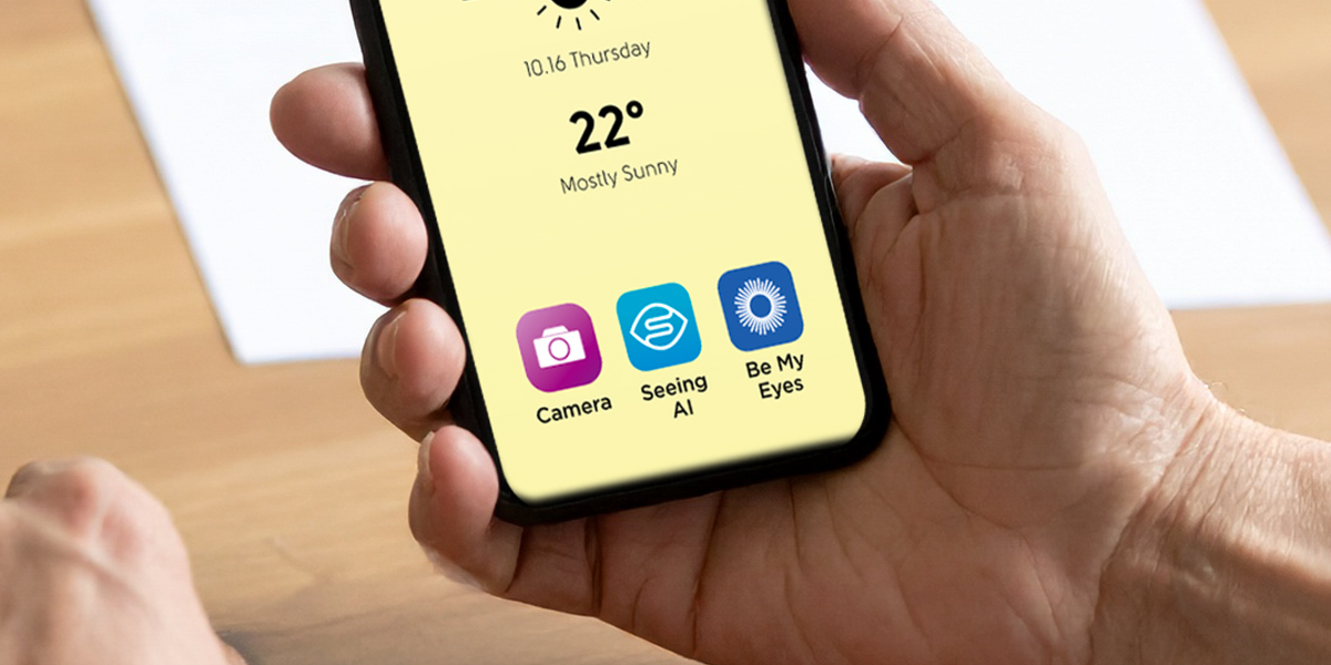 Smartphone featuring the camera app, Seeing AI, and Be My Eyes