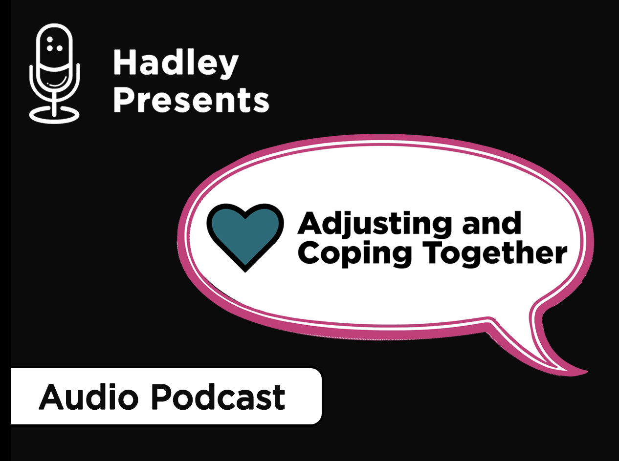 Adjusting and coping together text next to teal heart inside a talk bubble outlined in magenta.