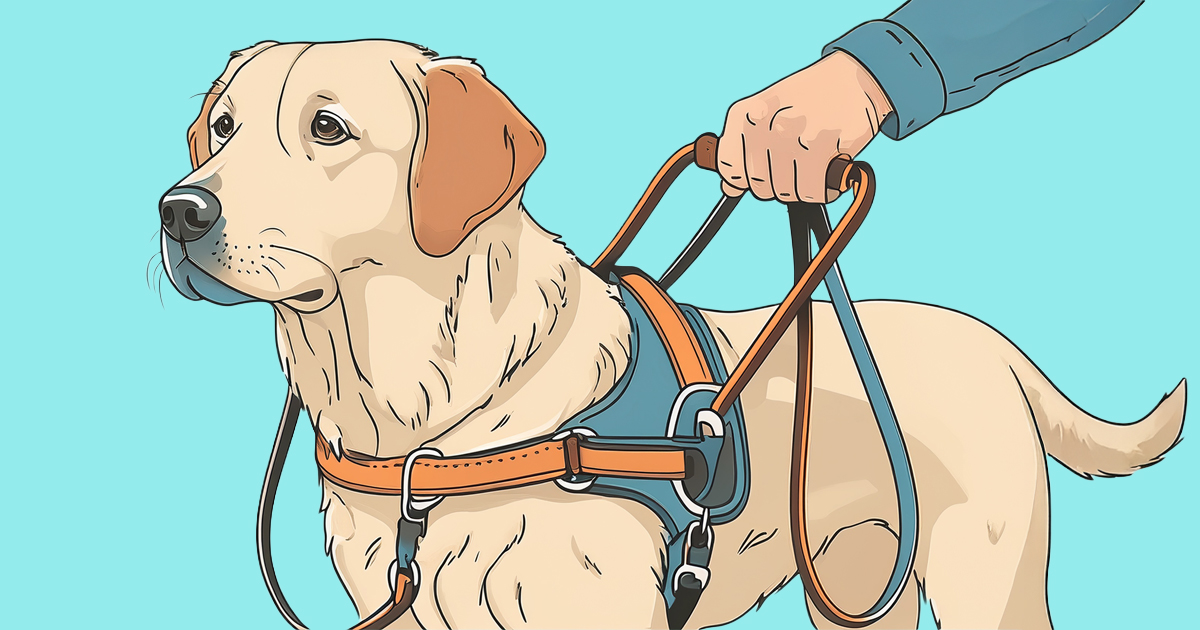 color sketch of blonde Lab with a harness on and a hand on the harness