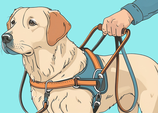 color sketch of blonde Lab with a harness on and a hand on the harness
