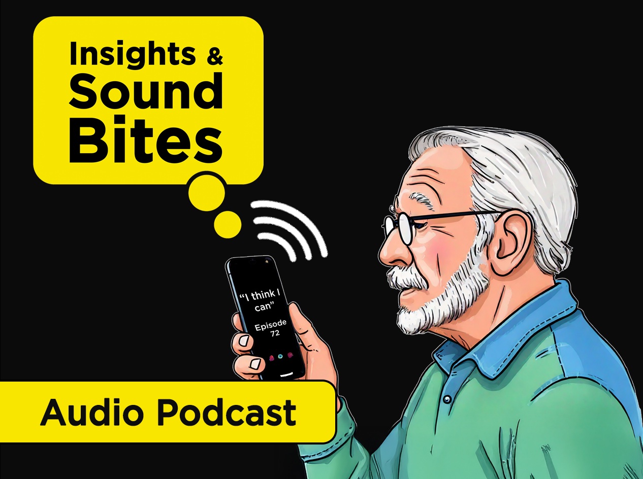 Older man with glasses holding his smartphone listening to a podcast.