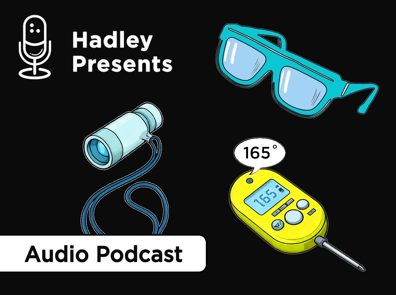 Collage showing light blue monocular on lanyard, teal-colored smart glasses, and a yellow, talking meat thermometer.