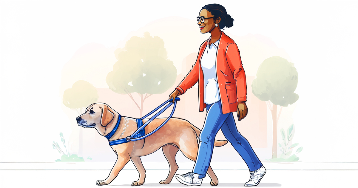 Watercolor style sketch of woman walking with guide dog.