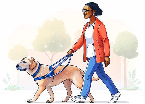 Watercolor style sketch of woamn walking with guide dog.
