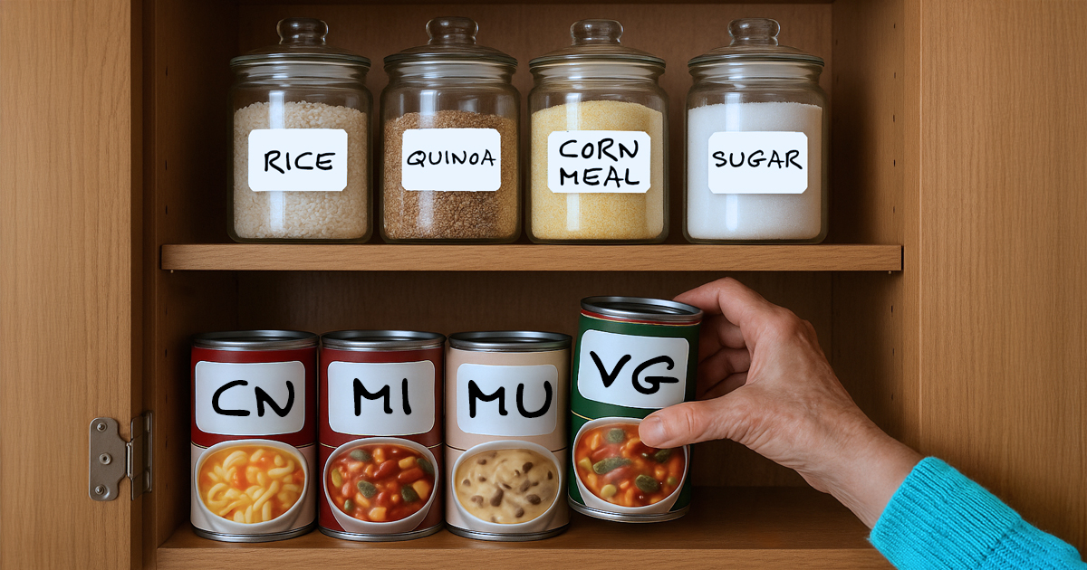 Inside an organized cupboard, with jars of cooking ingredients and cans of soup, all labeled in large print