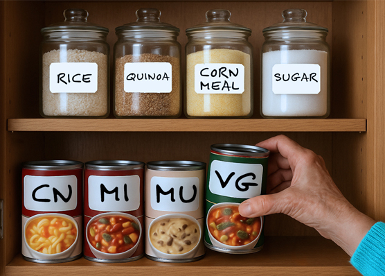 Inside an organized cupboard, with jars of cooking ingredients and cans of soup, all labeled in large print