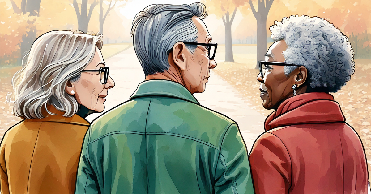 Three older adults outside in a park, viewed from behind.