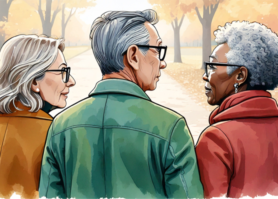 Three older adults outside in a park, viewed from behind