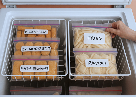 Freezer baskets holding rows of large-labeled zip-top bags with food.
