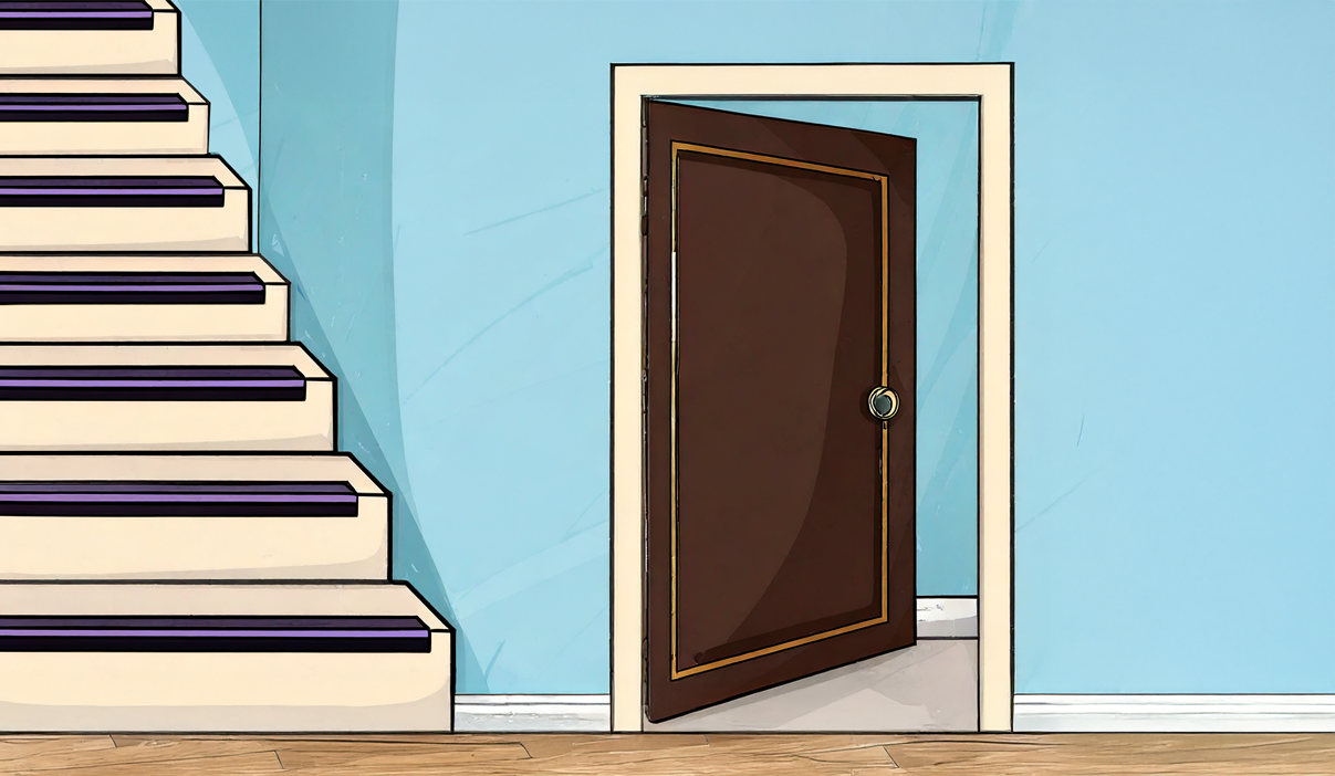 Examples of high contrast in the home: Light stairs with dark contrasting tape on the step edges; dark door is framed with light trim, and its door knob is also light.
