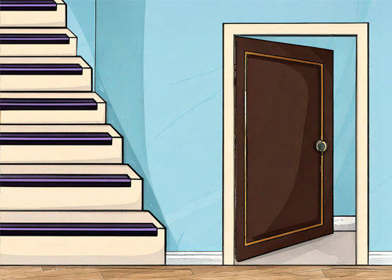 Examples of high contrast in the home: Light stairs with dark contrasting tape on the step edges; dark door is framed with light trim, and its door knob is also light.