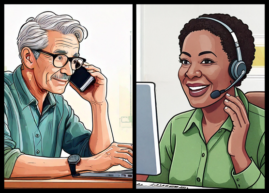 Two panes show a man listening on the phone while tapping a computer key, and a woman wearing a telephone headset offering instructions.
