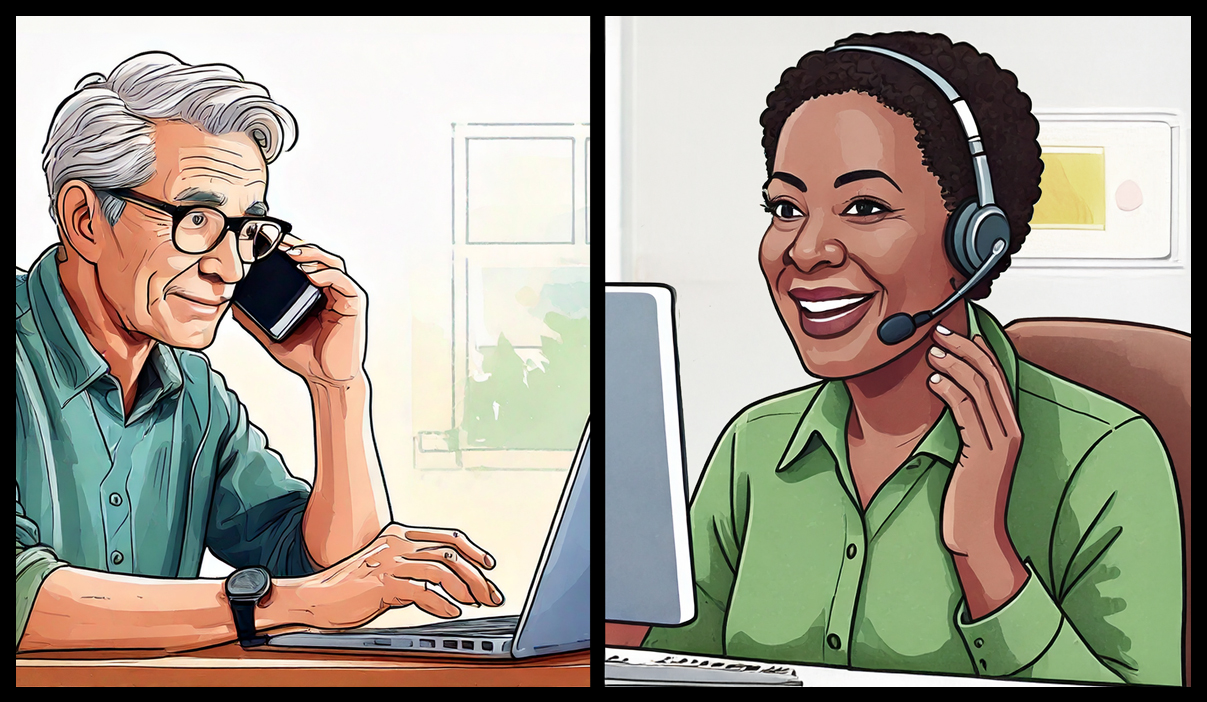 Two panes show a man listening on the phone while tapping a computer key, and a woman wearing a telephone headset offering instructions.