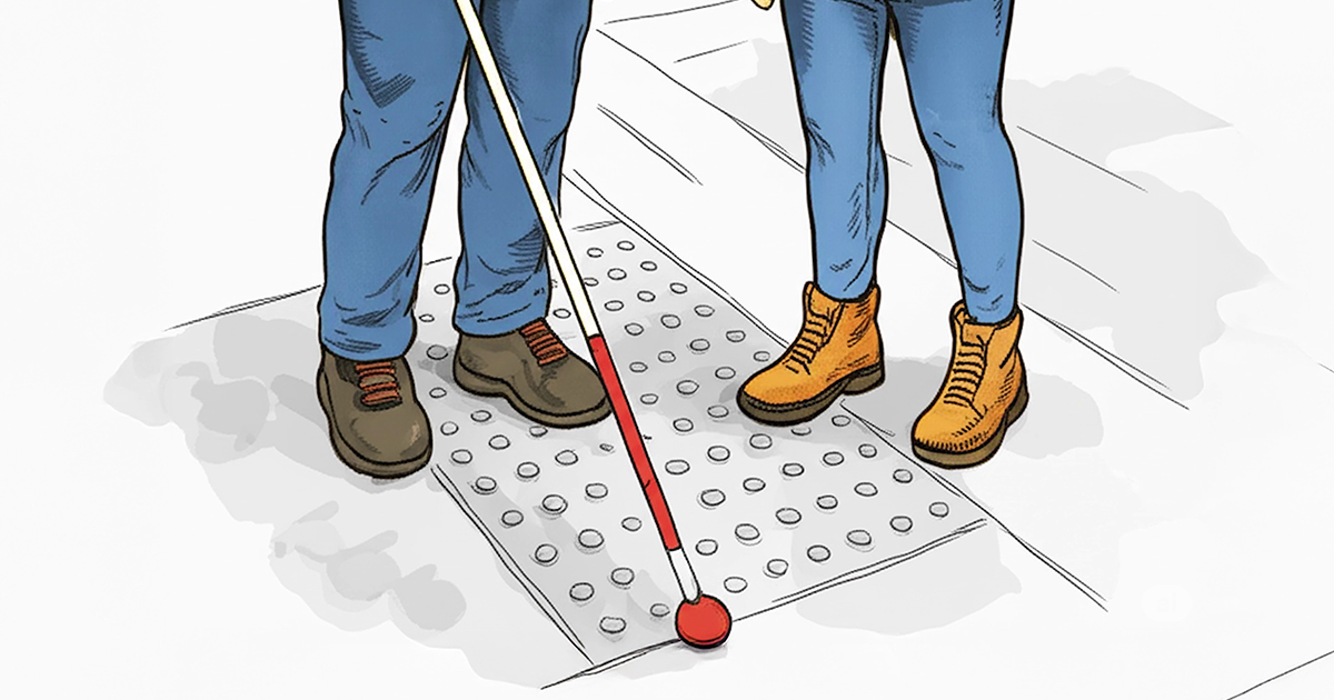 Looking down on the legs and feet of two men standing on the street. One has a white cane on the textured part of the street.