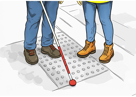 Looking down on the legs and feet of two men standing on the street. One has a white cane on the textured part of the street.