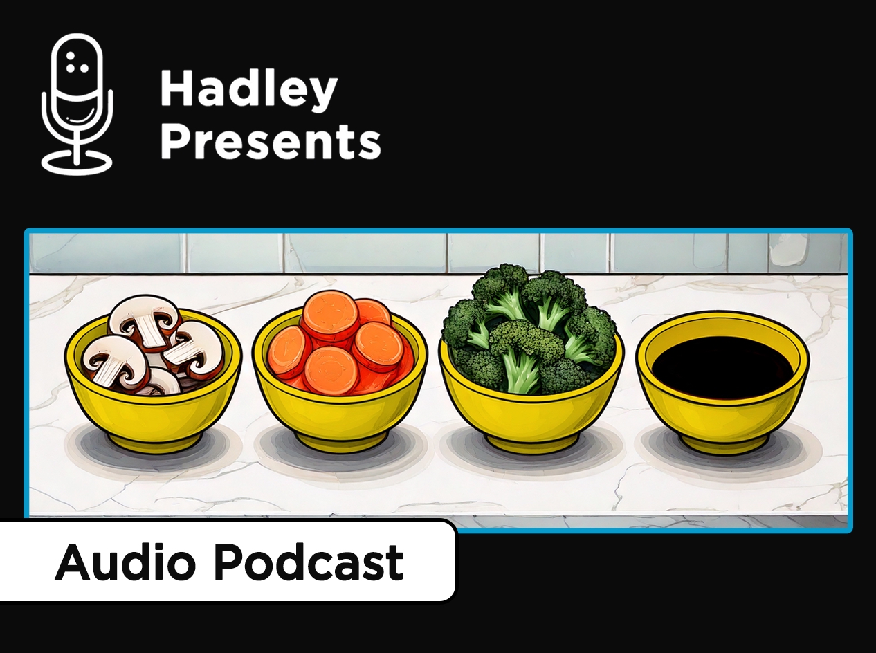 Stir fry ingredients - sliced mushrooms, sliced carrots, broccoli florets, and soy sauce - pre-measured in small yellow bowls lined up on kitchen counter.