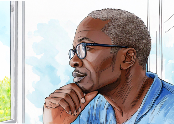Older African American man pensively gazing with chin on hand