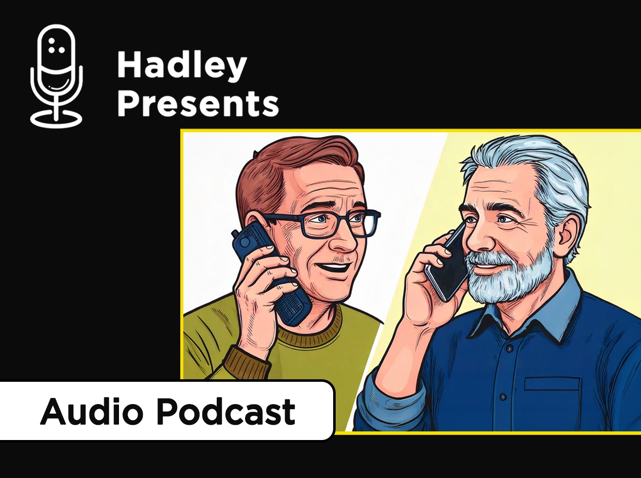 Diagonal split screen of two older men speaking to each other on the phone.