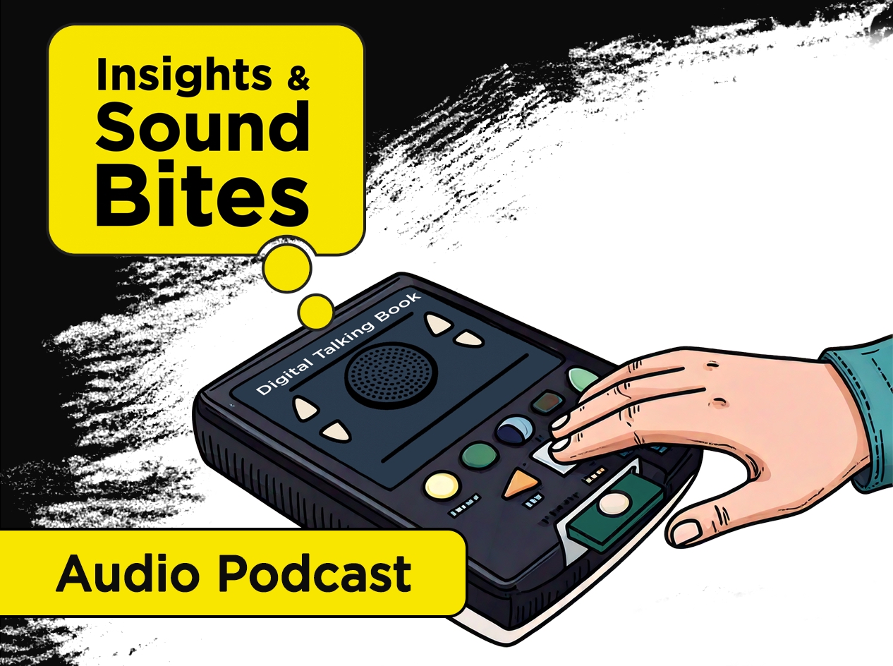 Close-up of a woman's hand pressing the Play button on a Digital Talking Book player.