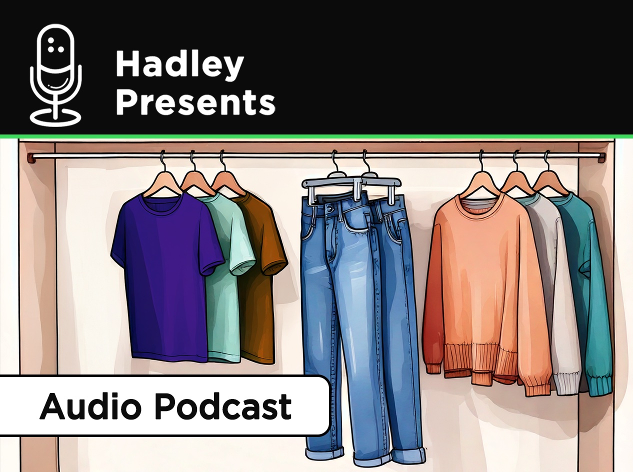 Wide closet showing clothes organized and separated by type, left to right: T-shirts, pants, and sweaters.