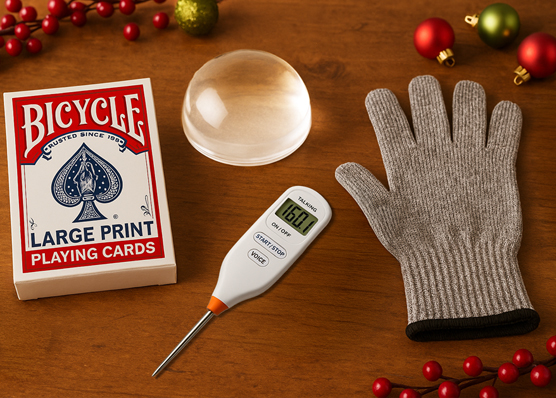 Large print playing cards, dome magnifier, talking thermometer, cut glove on a tabletop with a few holiday bulbs
