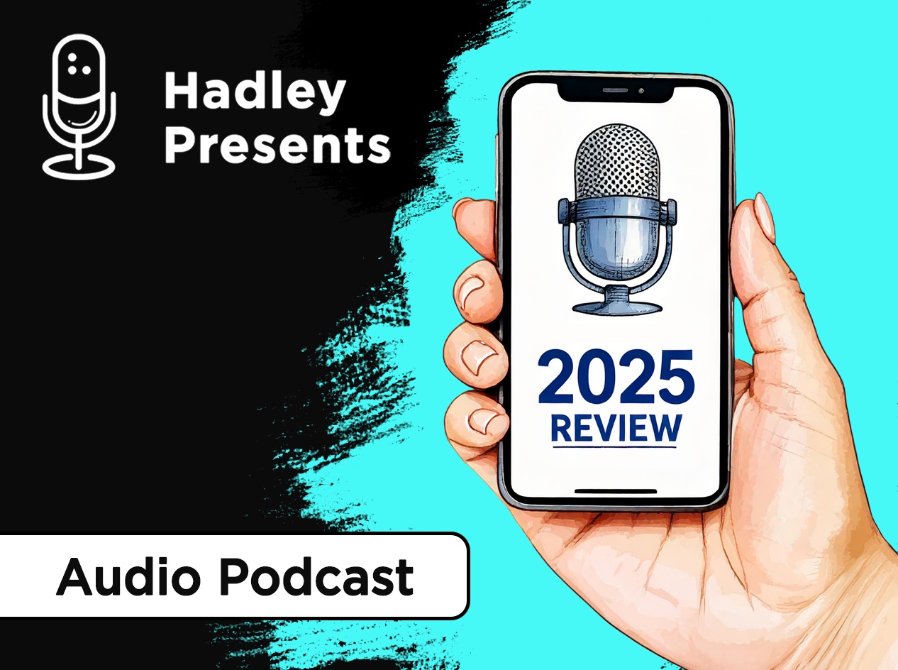 Close-up of woman's hand holding a smartphone with the screen showing a microphone above the words 2025 Review.