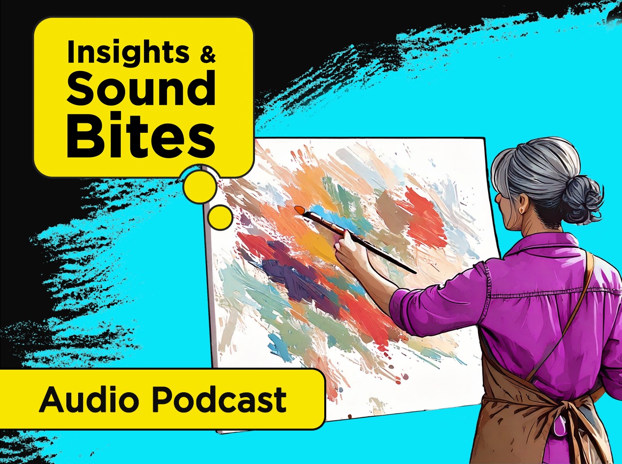 Woman in purple shirt and a smock painting a colorful abstract on a large canvas.