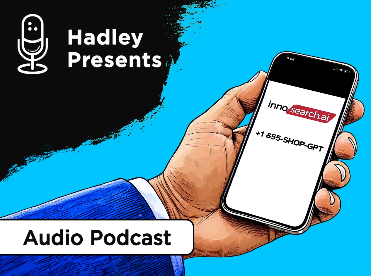 Close-up of man's hand holding a smartphone with the Innosearch website (innosearch.ai) and phone number (1-855-Shop-GPT) displayed on the screen.