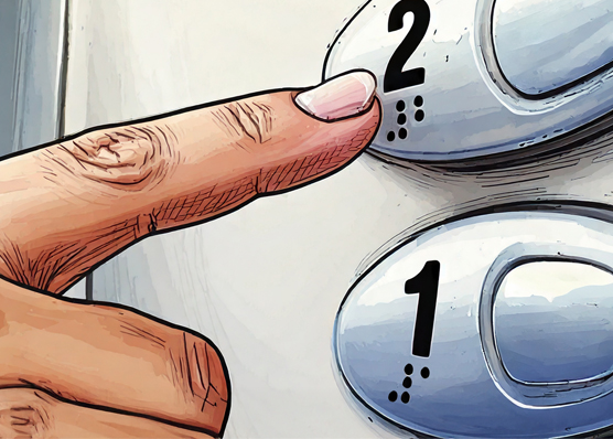Finger feeling the braille on the elevator button for the 2nd floor.