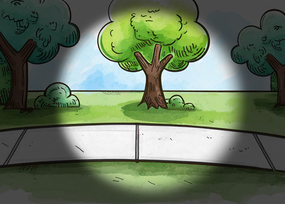 Viewing a tree and sidewalk in a park with the peripheral vision occluded.