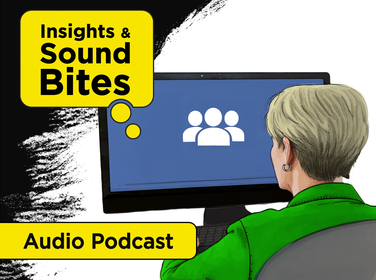 Woman with short hair seated in front of keyboard and monitor participating in a group chat.