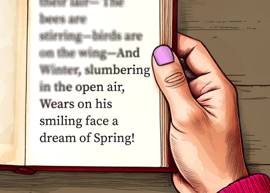 Hand holding a book open to a page of poetry and the top left corner of the page is blurred.