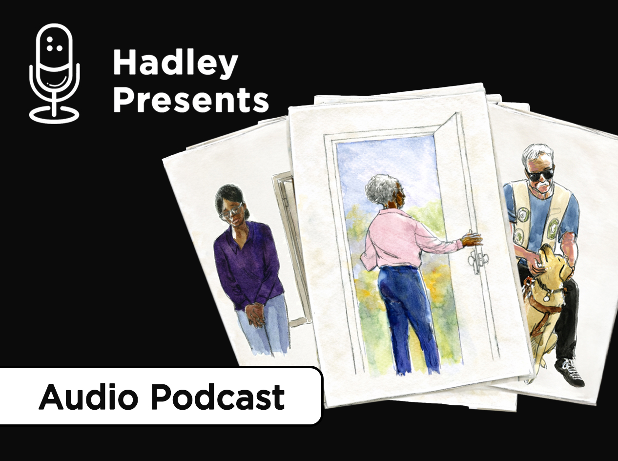 Three watercolor images of Hadley members on textured white paper spread out like cards on a black background.