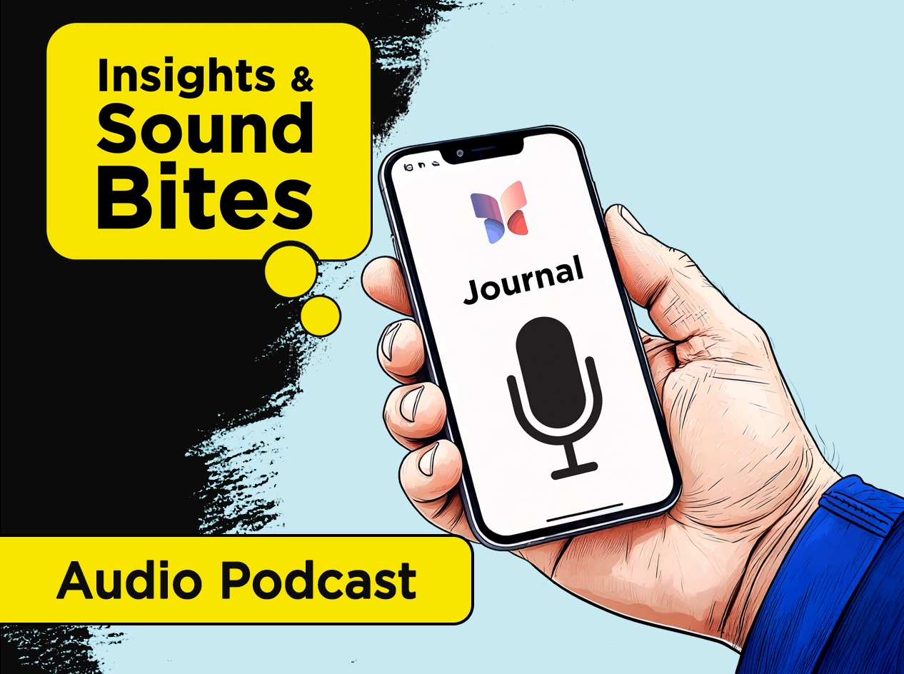 Man holding a smartphone with the Journal app icon displayed and a large microphone for audible journaling displayed.