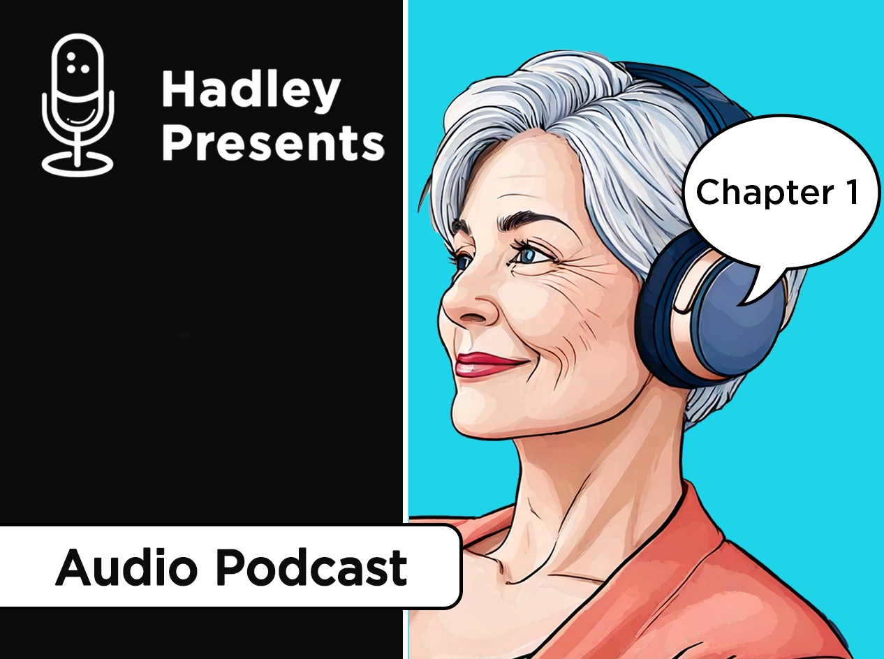 Mature woman with short gray hair wearing headphones to listen to an audiobook, with talk bubble showing "Chapter 1".