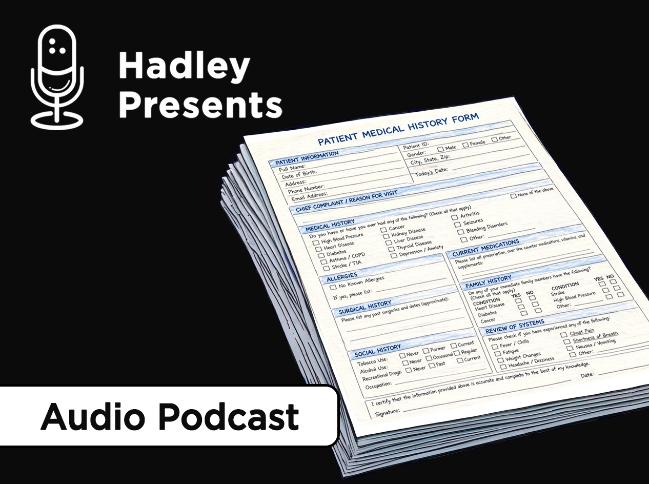 Close-up of a stack of forms to be filled out, with a Patient Medical History form on top.