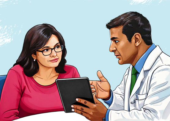 Woman looking at a tablet being presented by her eye doctor.