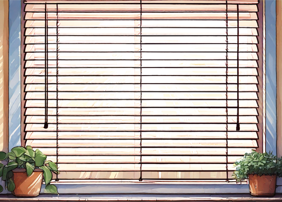 Window blind drawn to filter in some light, reducing glare. 