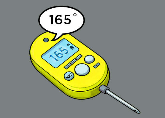 Yellow electronic kitchen thermometer saying 165 degrees