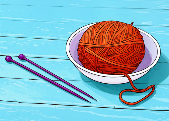 Dark orange ball of yarn in a flat white basket with purple knitting needles beside.
