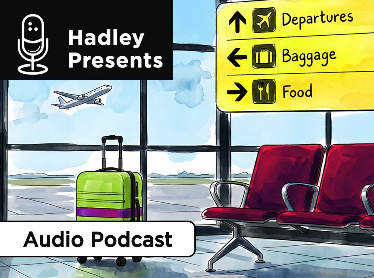 Airport waiting area scene showing a plane taking off outside the windows and a bright green rolling suitcase with a strip of purple tape across the front next to a row of empty seats beneath a yellow airport directional sign.