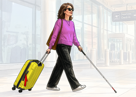 Woman using a white cane and pulling a yellow rolling suitcase with a bright red ribbon tied to the handle