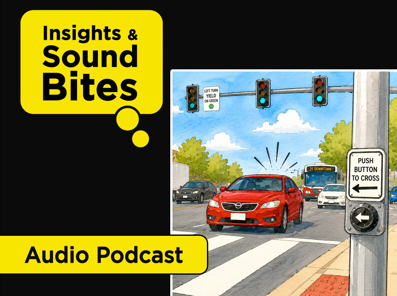 Close-up of a crosswalk at a busy highway with a press-to-cross button on the traffic light pole and a red car with the horn beeping as it approaches the crosswalk.