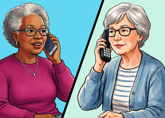 An older adults speaking on the phone, representing peer-to-peer support and connection